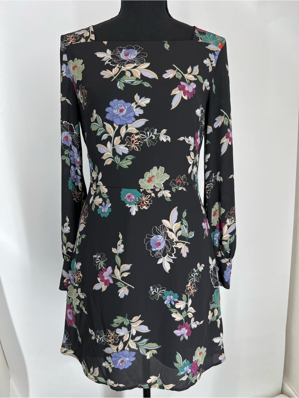 Loft Floral Print Black Long-Sleeve A-Line Dress